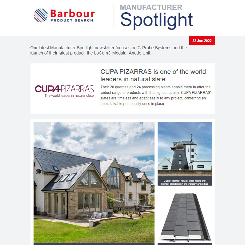 Manufacturer Spotlight| Our latest Manufacturer Spotlight newsletter focuses on CUPA PIZARRAS and highlights their CPD, hosted on Barbour Product Search